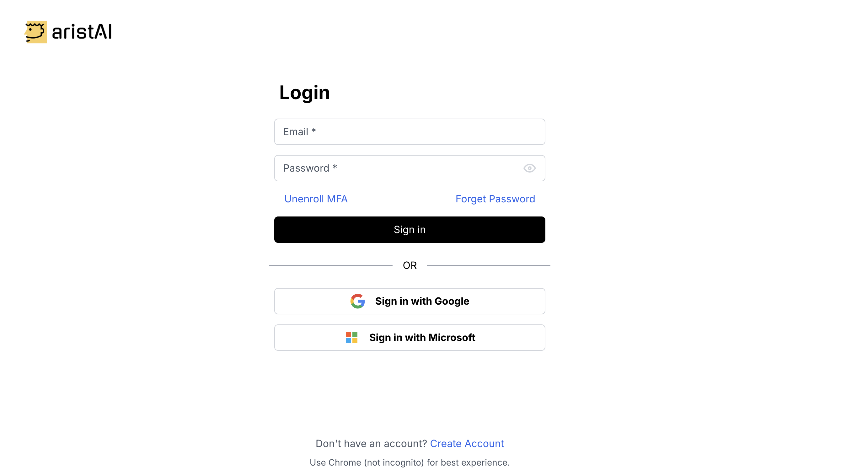 Login page showing email/password and links