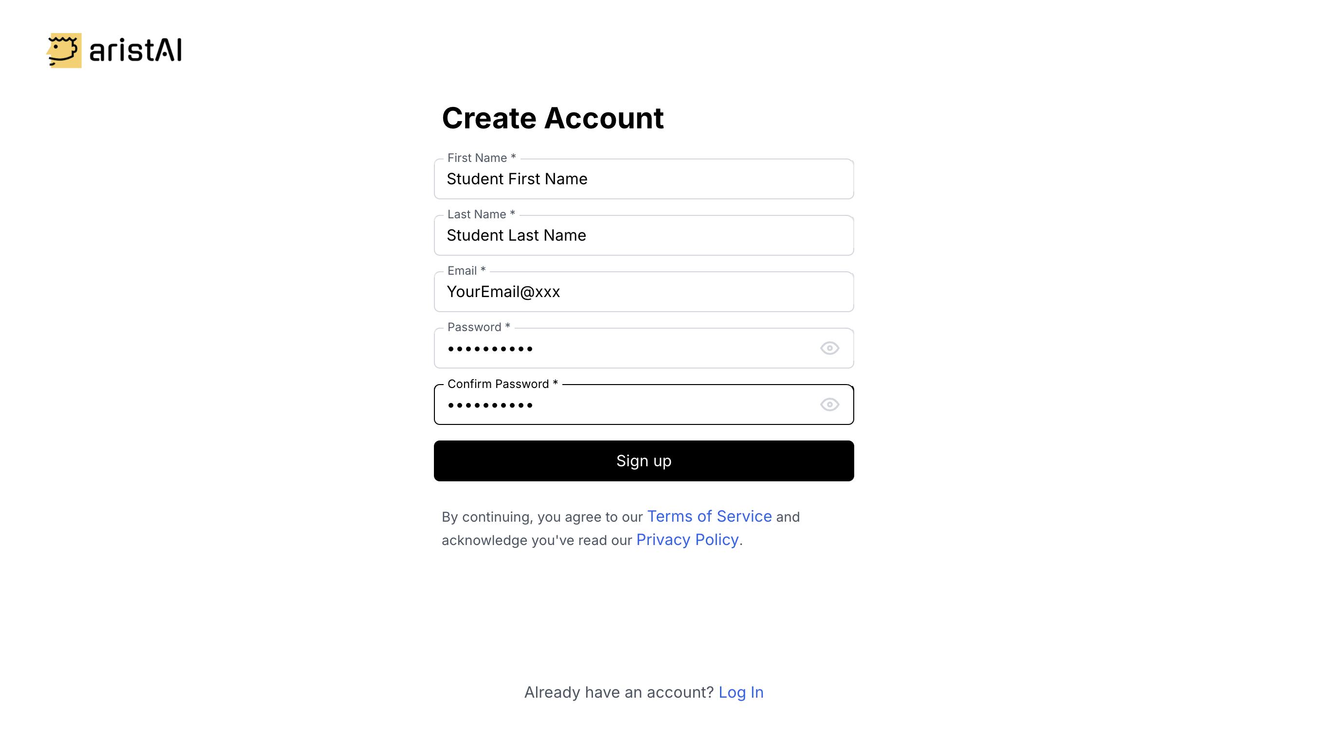 Create Account page (filled form)