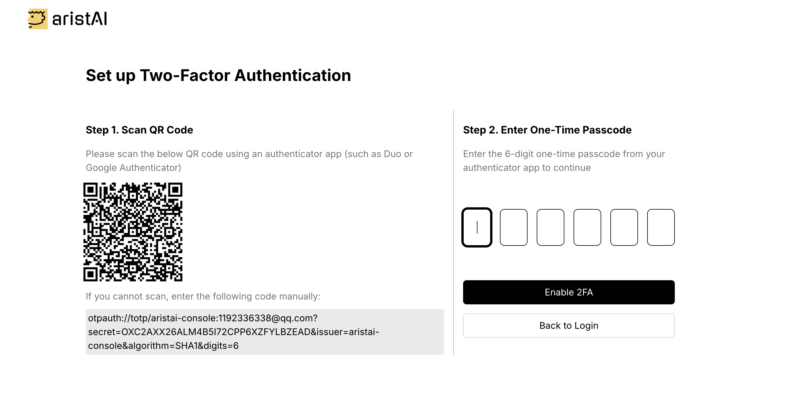2FA QR code setup screen