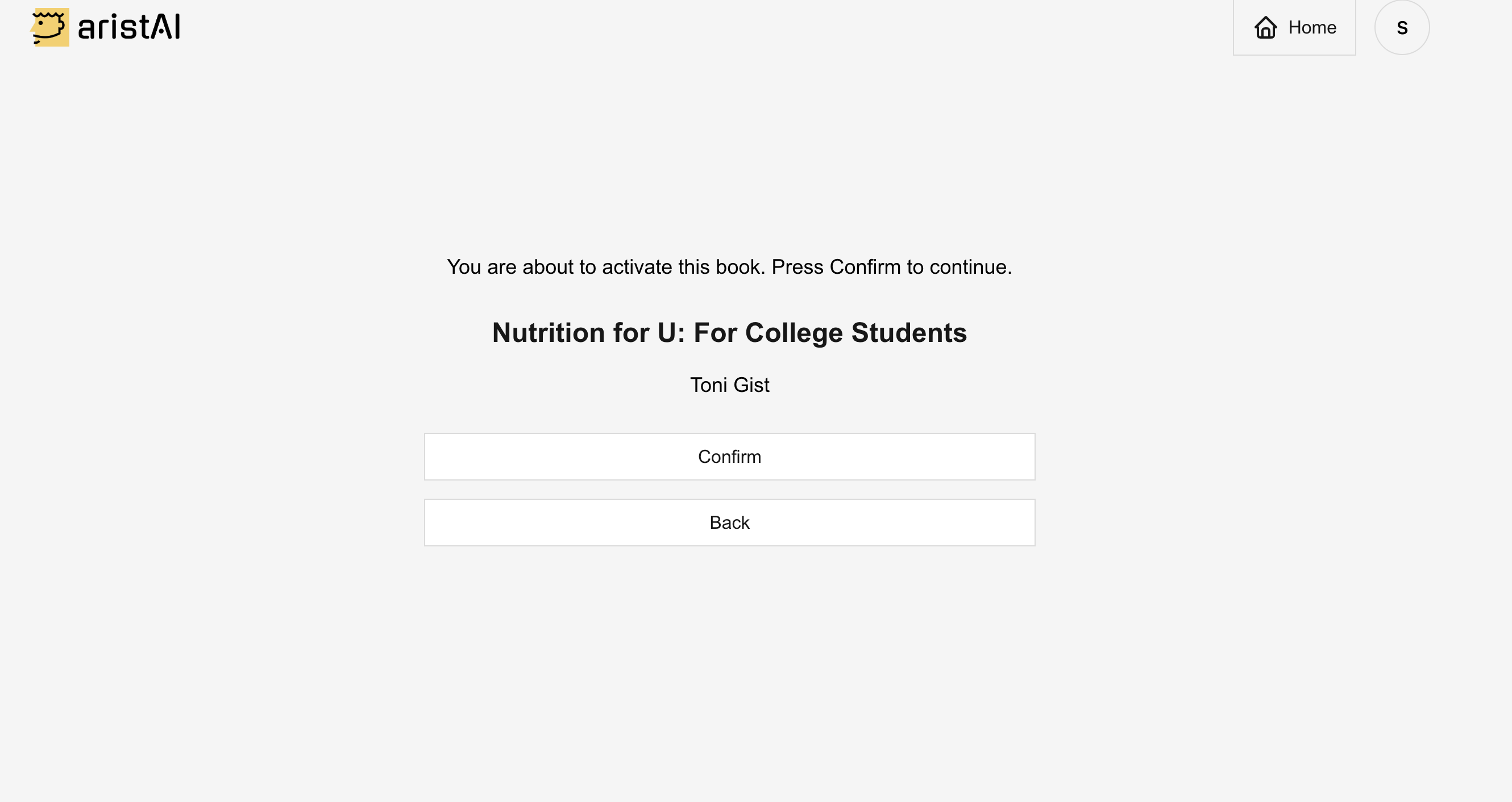 Confirm activation screen showing book title