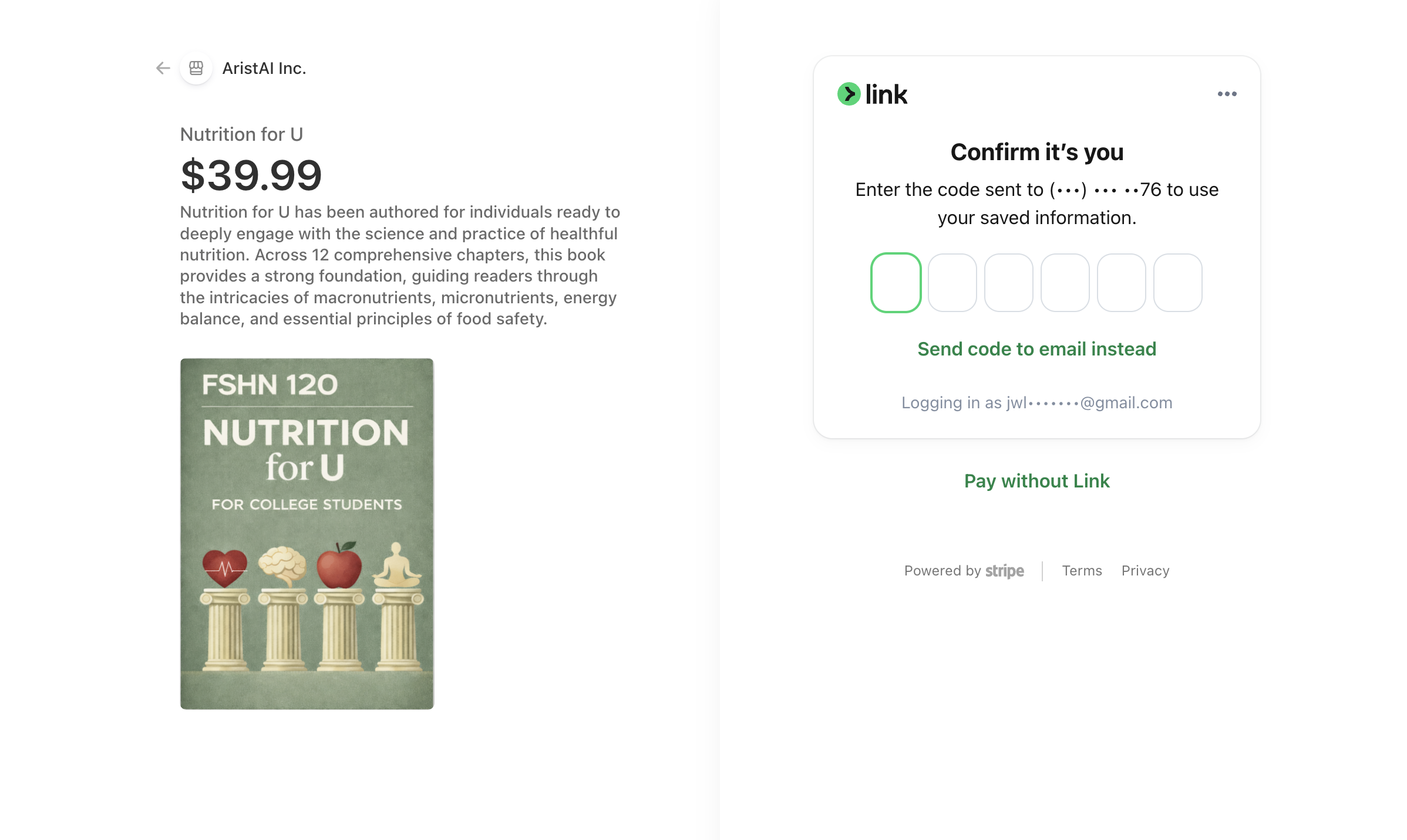 Stripe Link verification screen