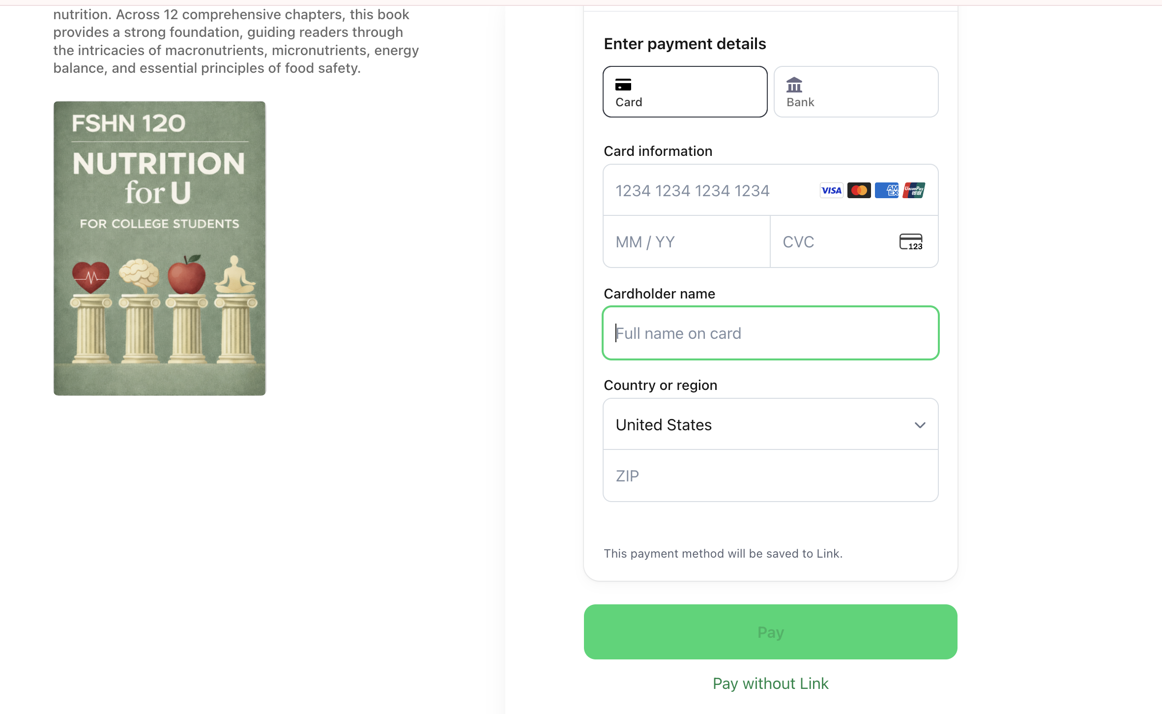 Stripe card payment details screen