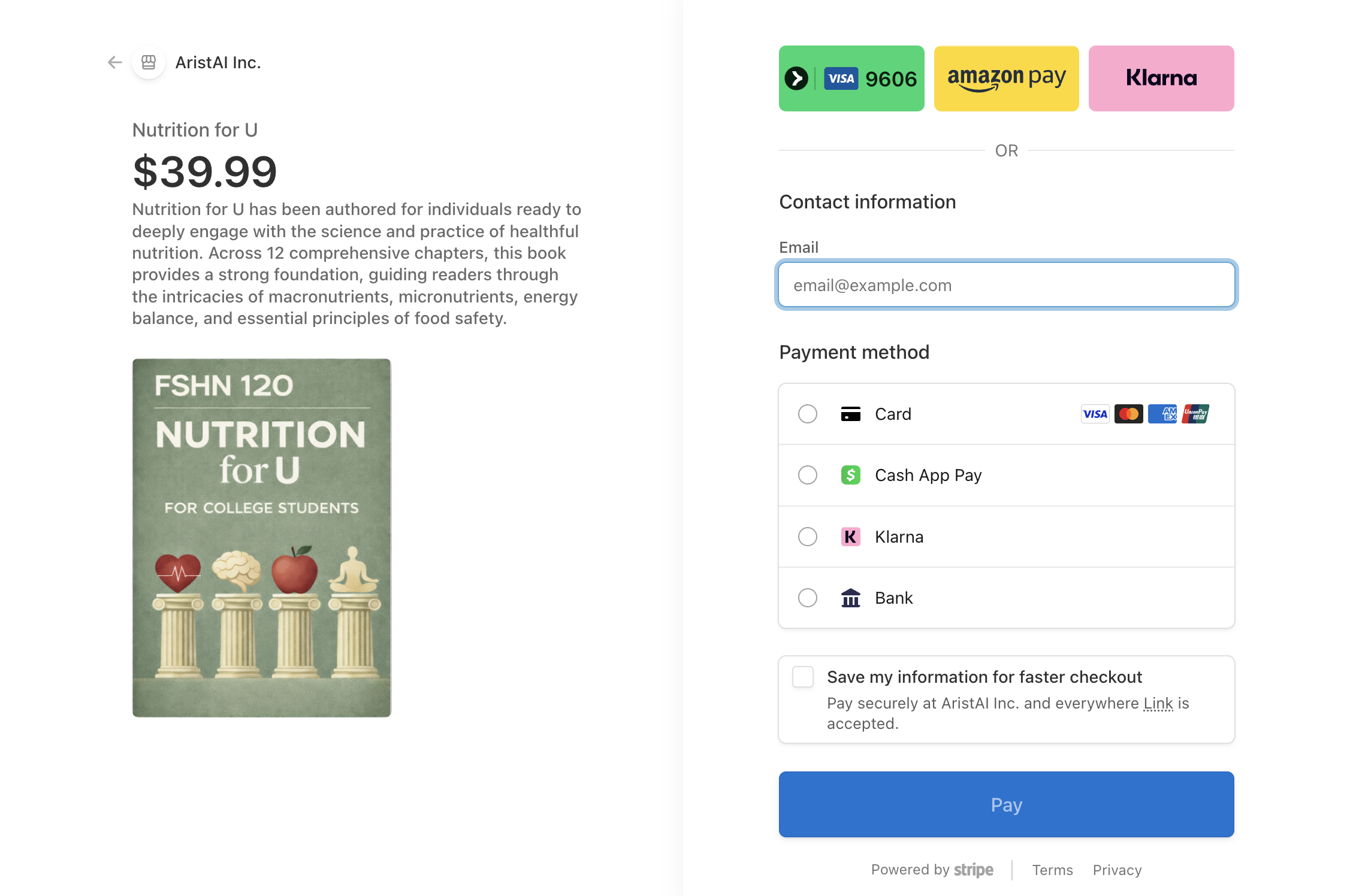 Stripe payment methods screen