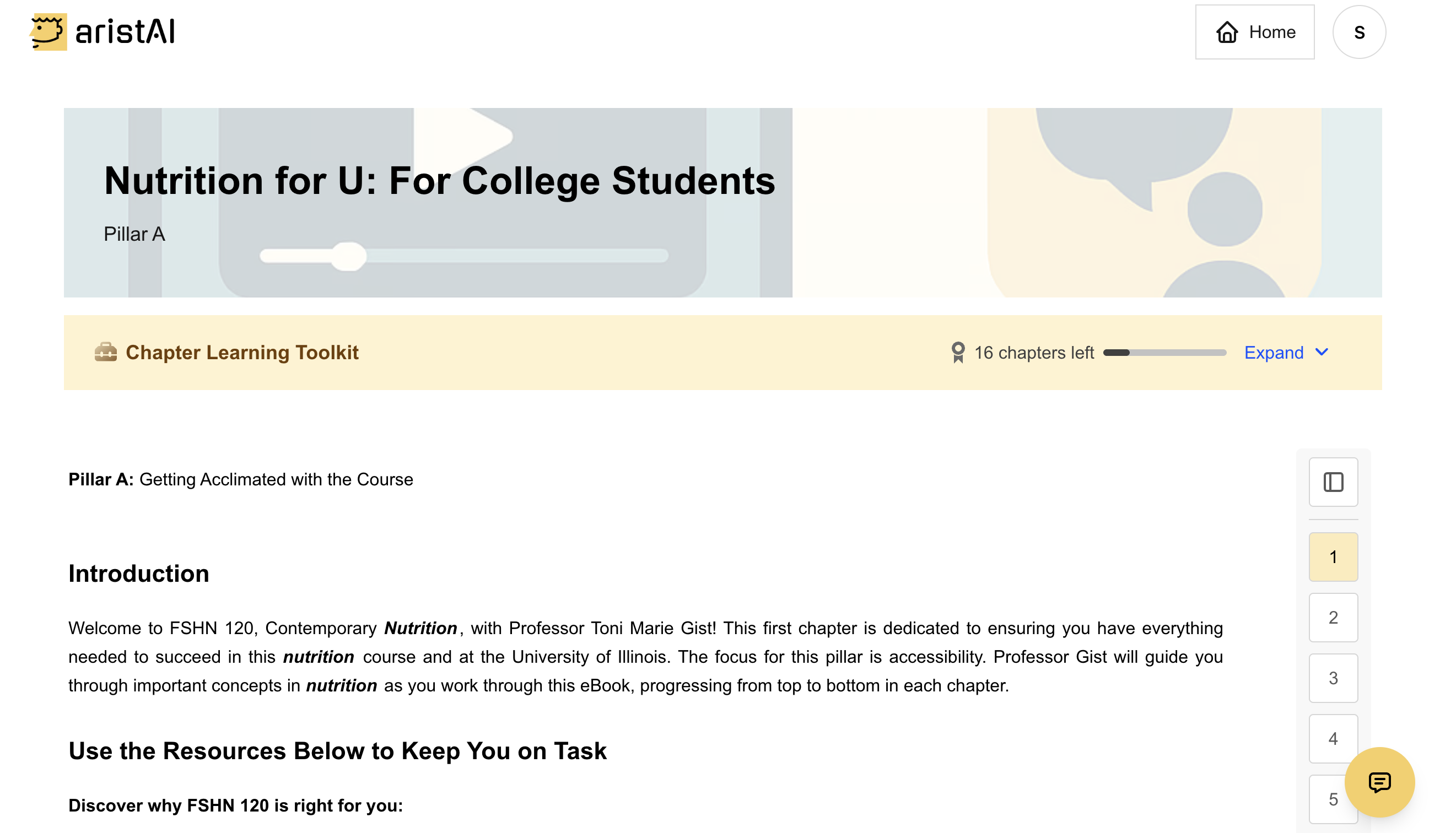 Reading page with toolkit and chapter progress
