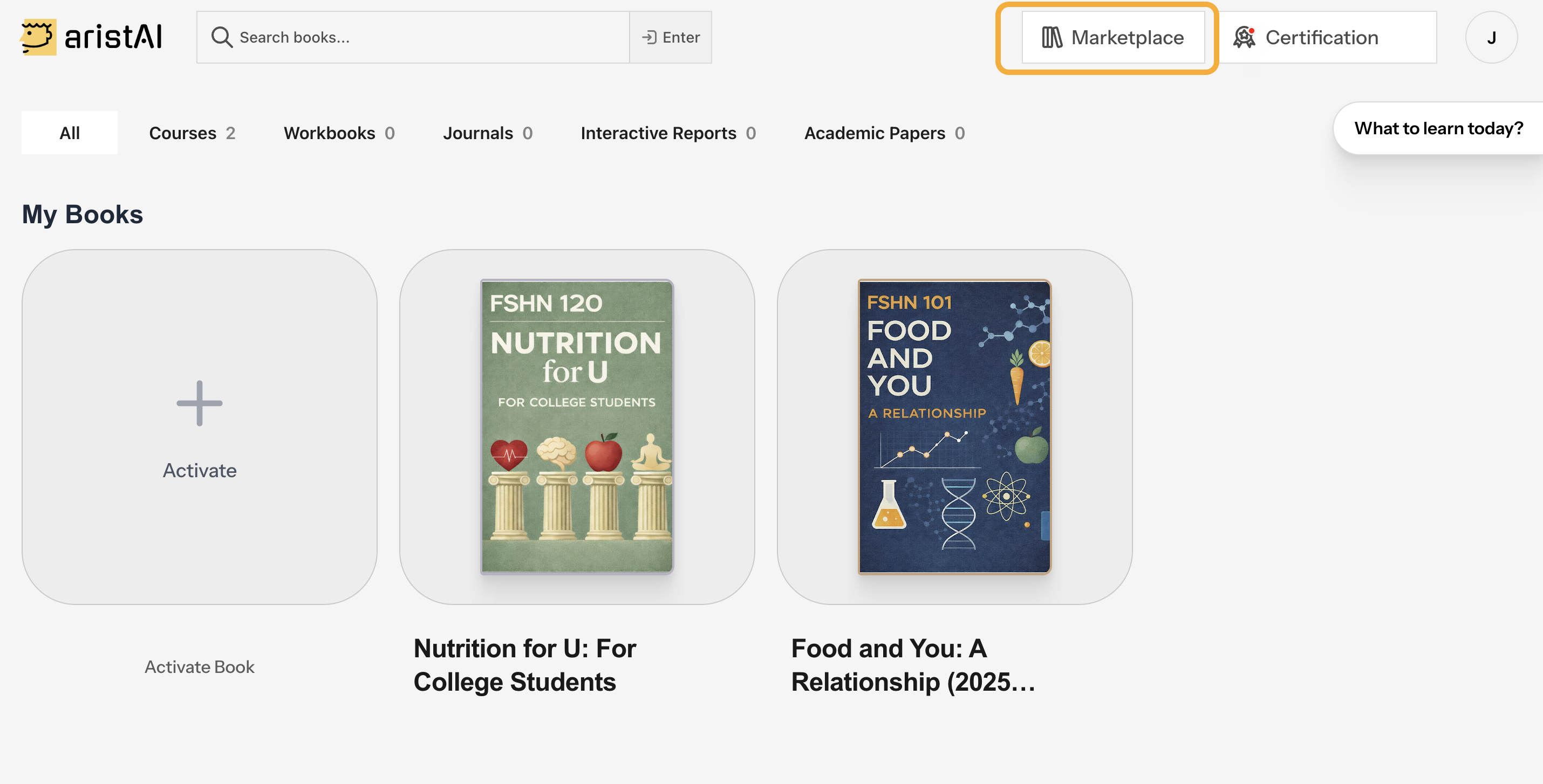 My Books page with the Marketplace button highlighted in the header